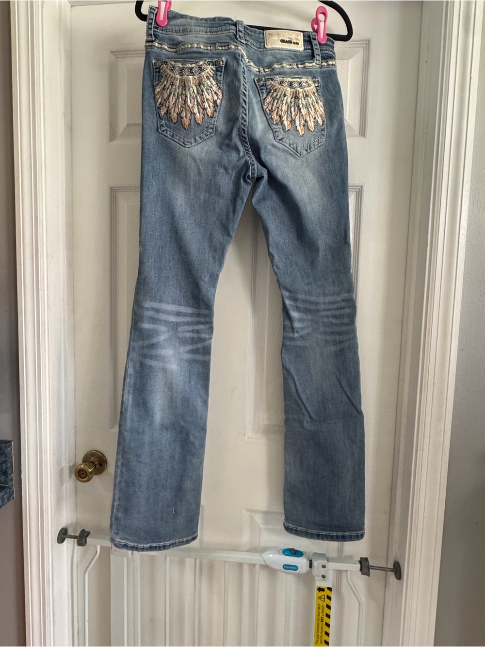 Grace Light Blue Boot Cut Jeans with Feather-Style Pocket Embroidery